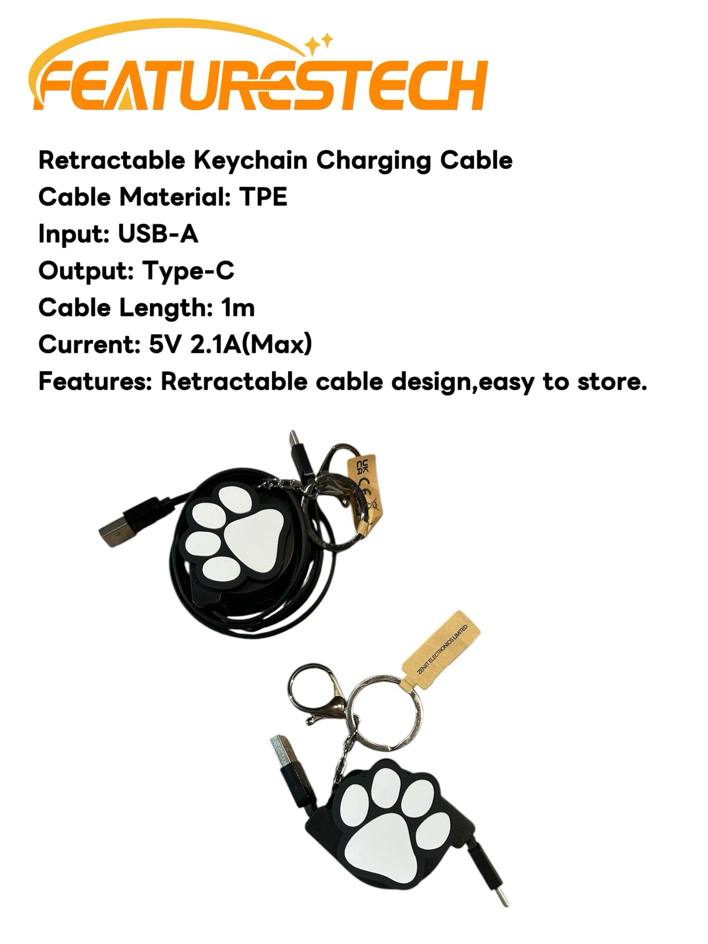 FEATURESTECH®Retractable Keychain Charging Cable/ Charging Cable